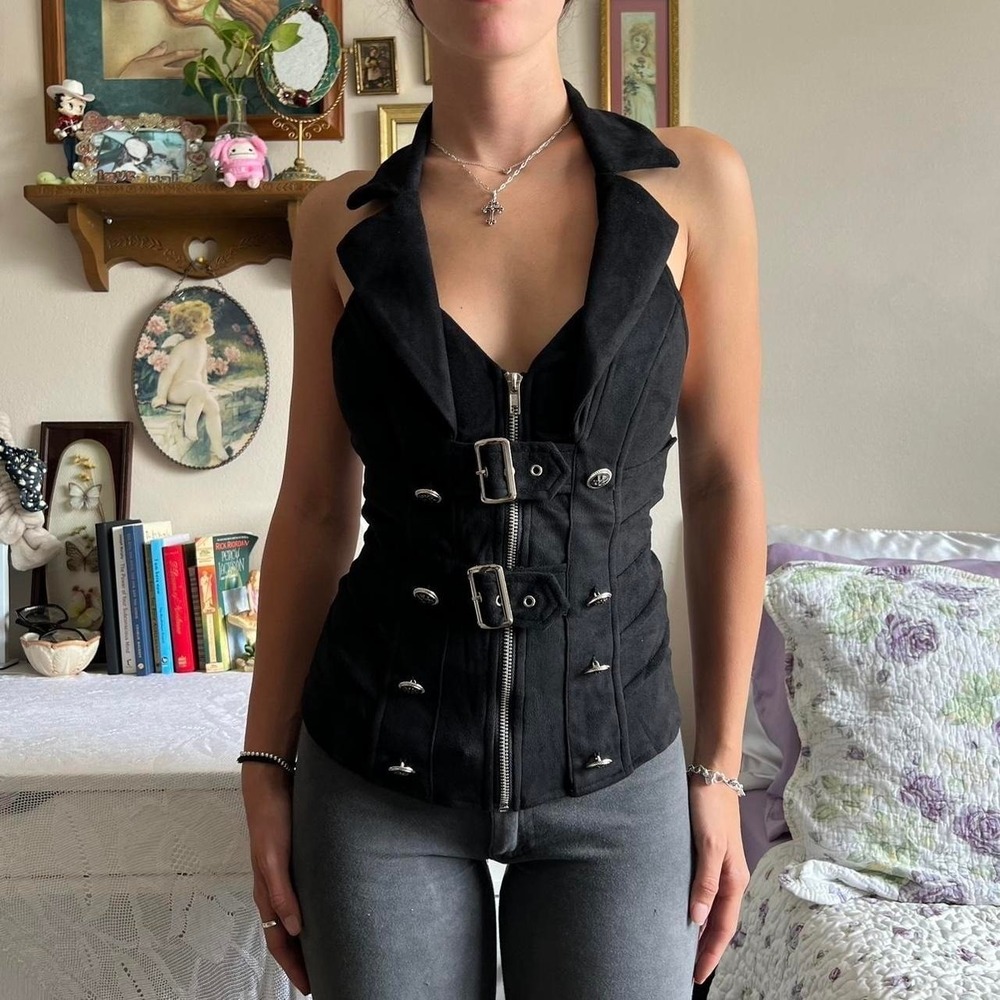 Lydia USA Black Grunge Halter Tank Top Buckle Button Y2K Goth L-3685 Small